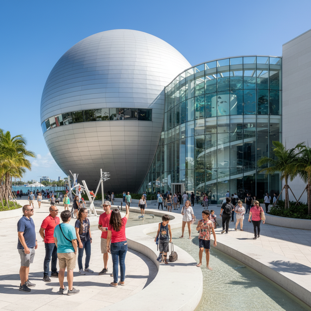 Showcasing its iconic architecture with the planetarium and aquarium under a clear blue sky