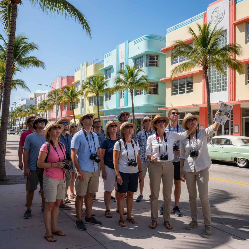 Group of tourists on a walking tour in Miami Beach’s Art Deco District