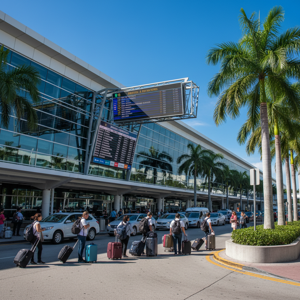 Exterior view of Miami International Airport with arriving travelers and airport signage