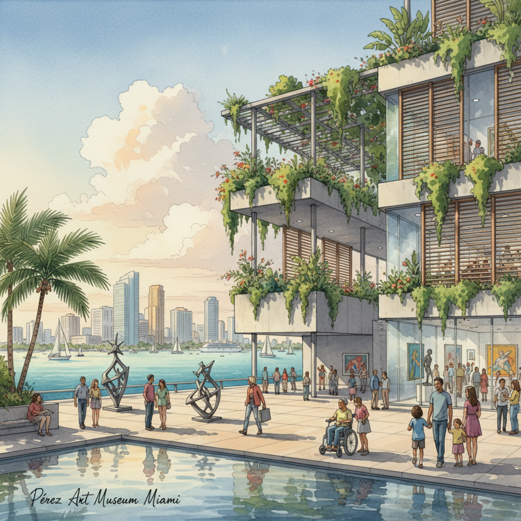 Highlighting the eco-friendly design, hanging gardens, and Biscayne Bay view.