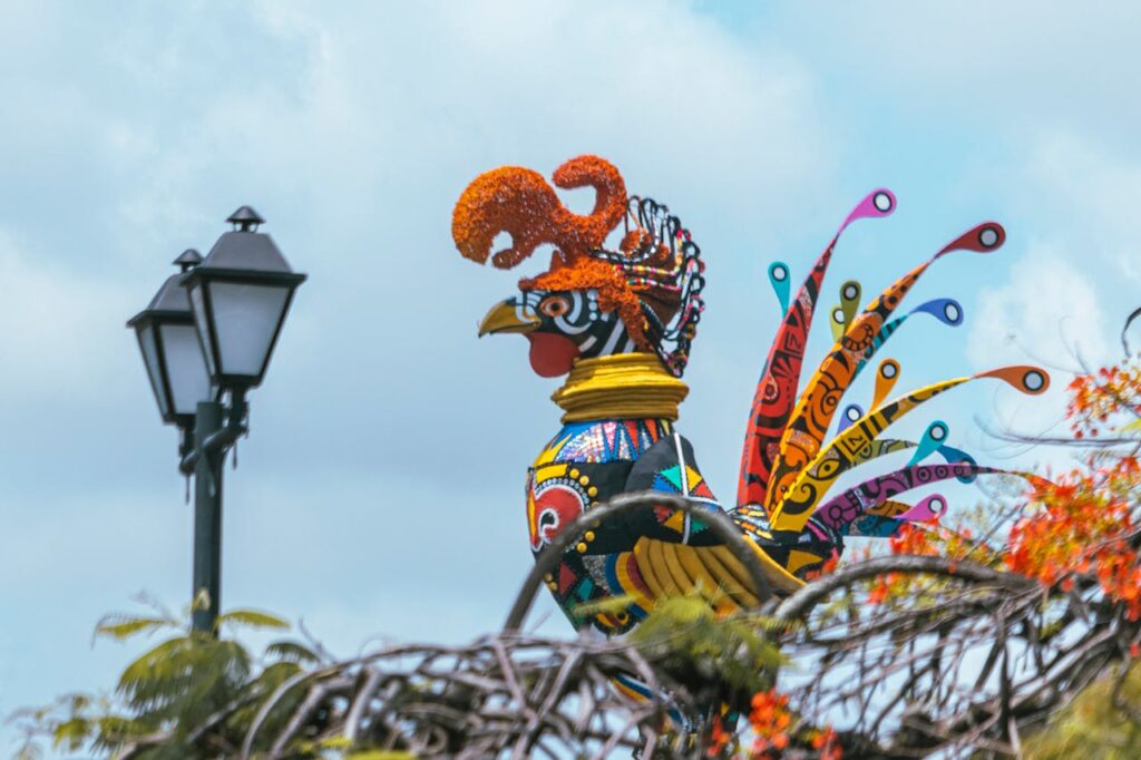 Colorful rooster statue on Calle Ocho, symbolizing Cuban pride in Little Havana, Miami