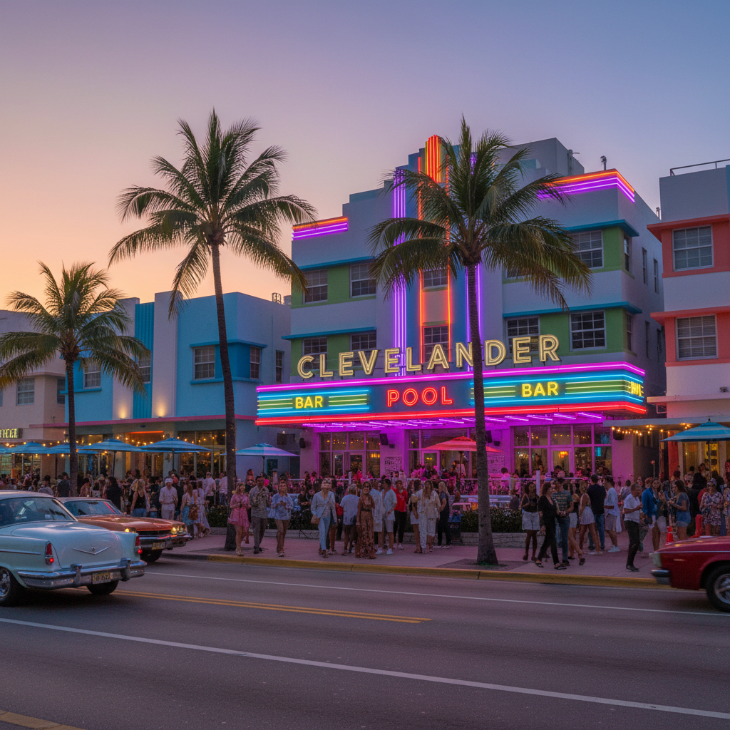 The Colony Hotel with neon signage and symmetrical Art Deco facade on Ocean Drive