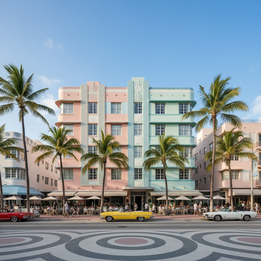 The Colony Hotel with neon signage and symmetrical Art Deco facade on Ocean Drive