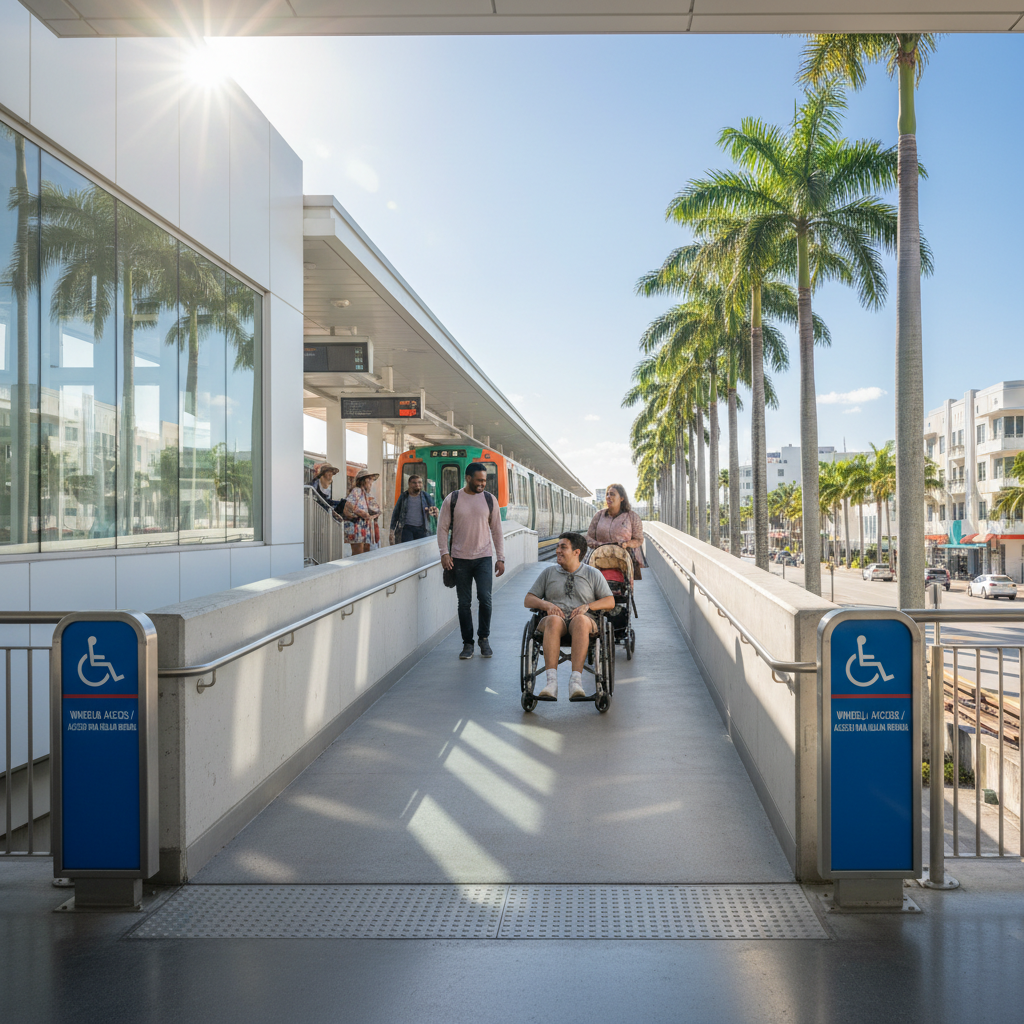 Wheelchair ramp at a Miami Metrorail station, showing accessible travel options for visitors