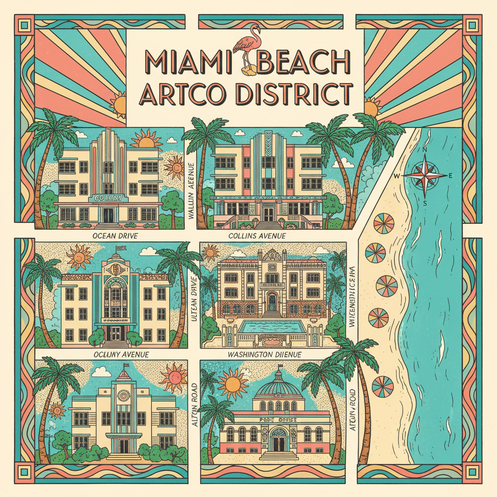 Illustrated map showing Miami Beach Art Deco District boundaries and major landmarks