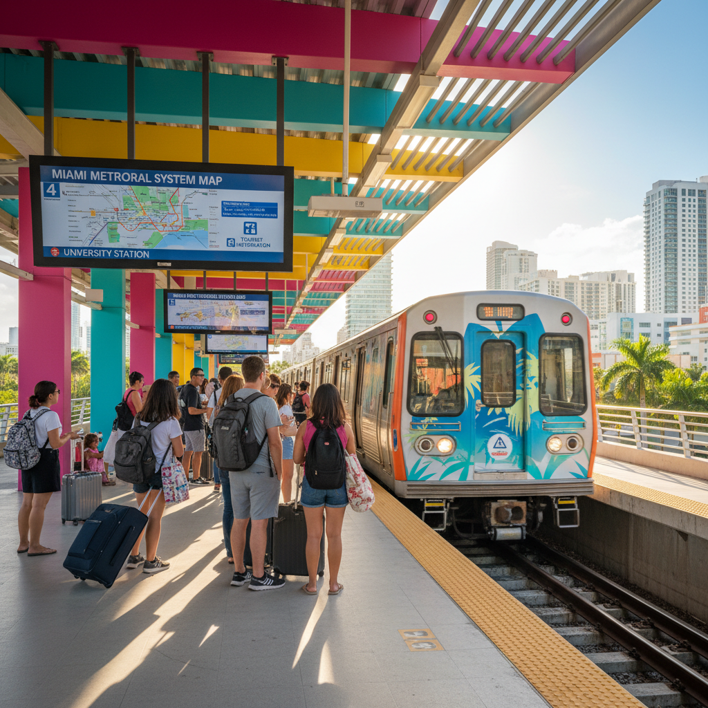 Miami Metrorail train arriving at a station, showing public transit options for tourists