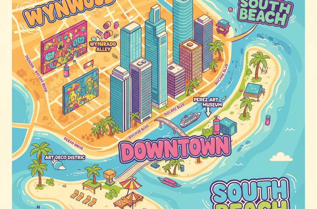 A panoramic view of the Miami skyline with downtown buildings and Biscayne Bay