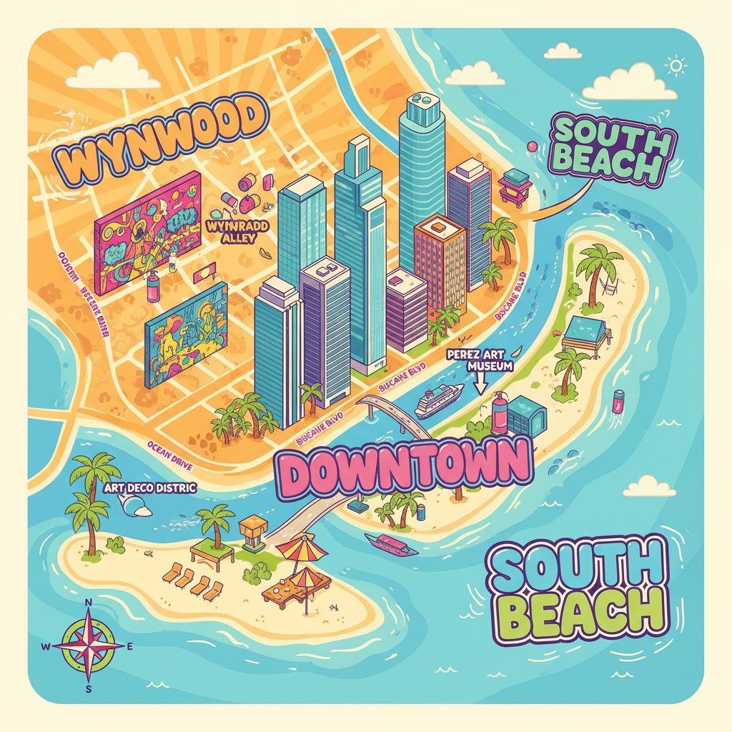 A panoramic view of the Miami skyline with downtown buildings and Biscayne Bay