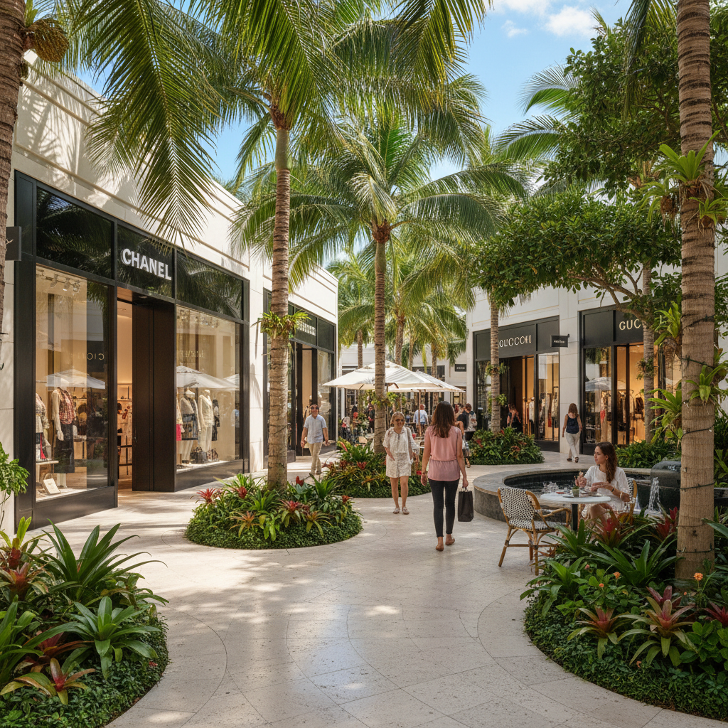 Highlighting lush tropical gardens and luxurious designer boutiques.