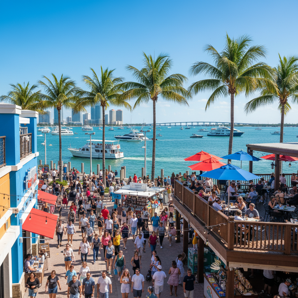 Depicting the open-air shopping experience with scenic views of Biscayne Bay.