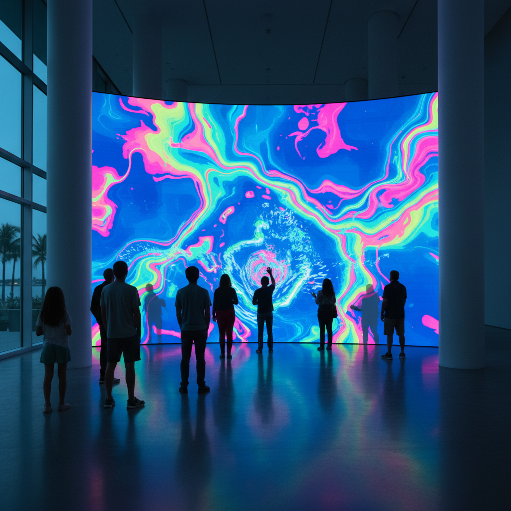 Depicting a vibrant and innovative digital art piece at the Pérez Art Museum Miami.