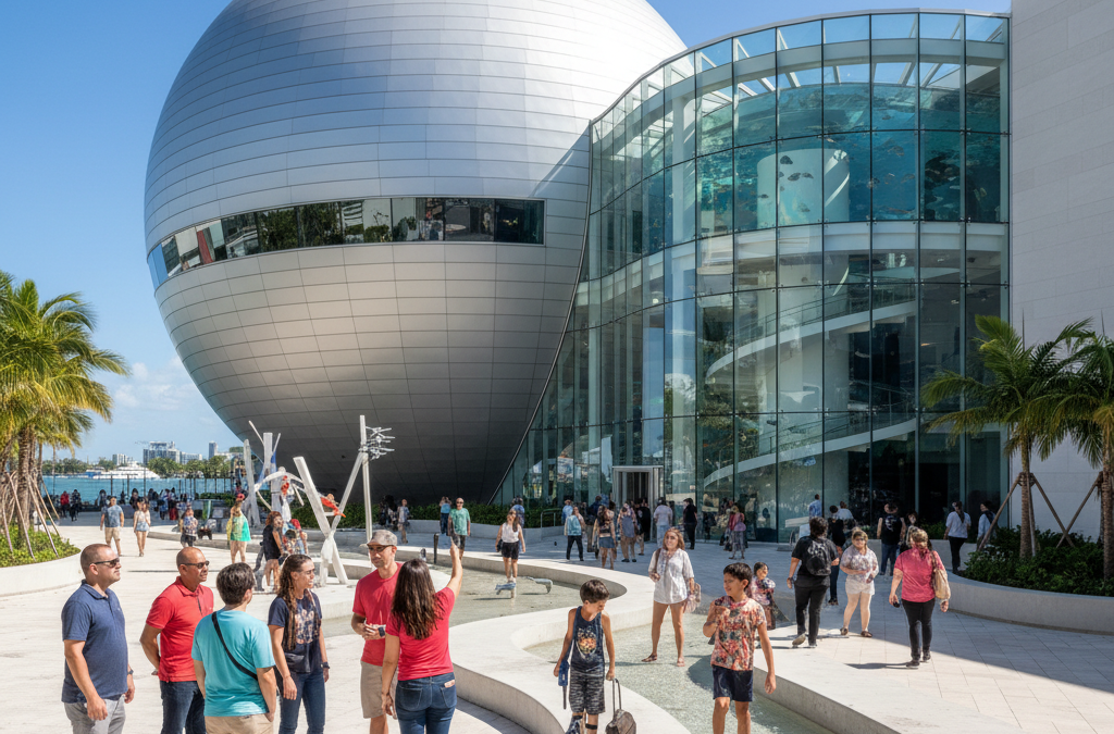 Showcasing its iconic architecture with the planetarium and aquarium under a clear blue sky