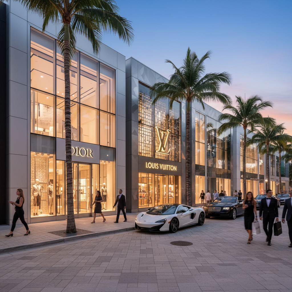 Featuring upscale designer storefronts with modern architecture.